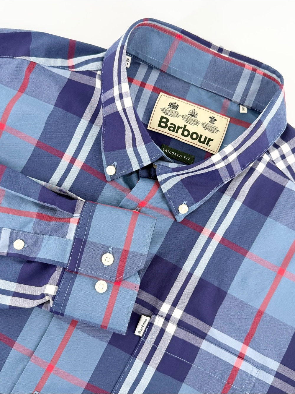 Barbour Batley Performance Shirt Men’s Large Blue Plaid Tartan Tailored Fit-Flaw